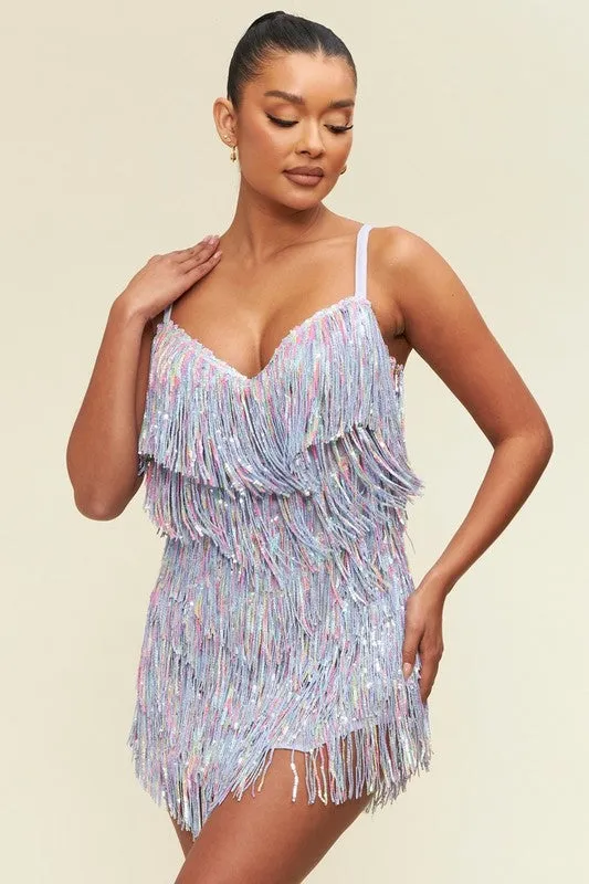 Lavender Multi Sequin Fringe Mini Dress